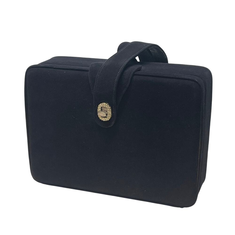 Vintage DOFAN Suede Box Purse or Makeup Bag Rhinestone Clasp Navy Blue